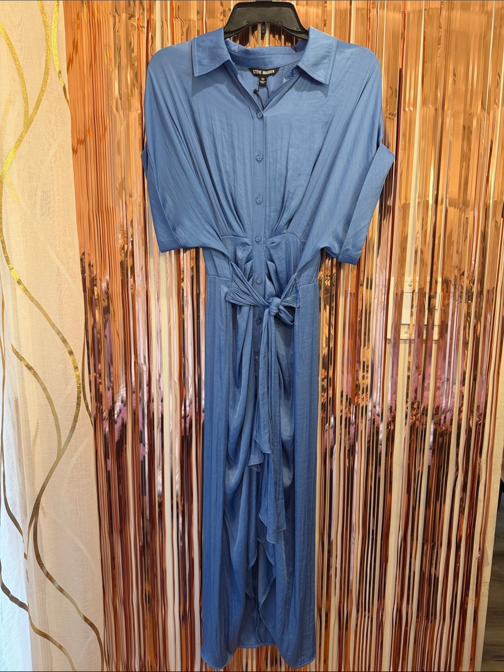 Steve Madden Dusty Blue Maxi Shirt Dress with Tie Waist